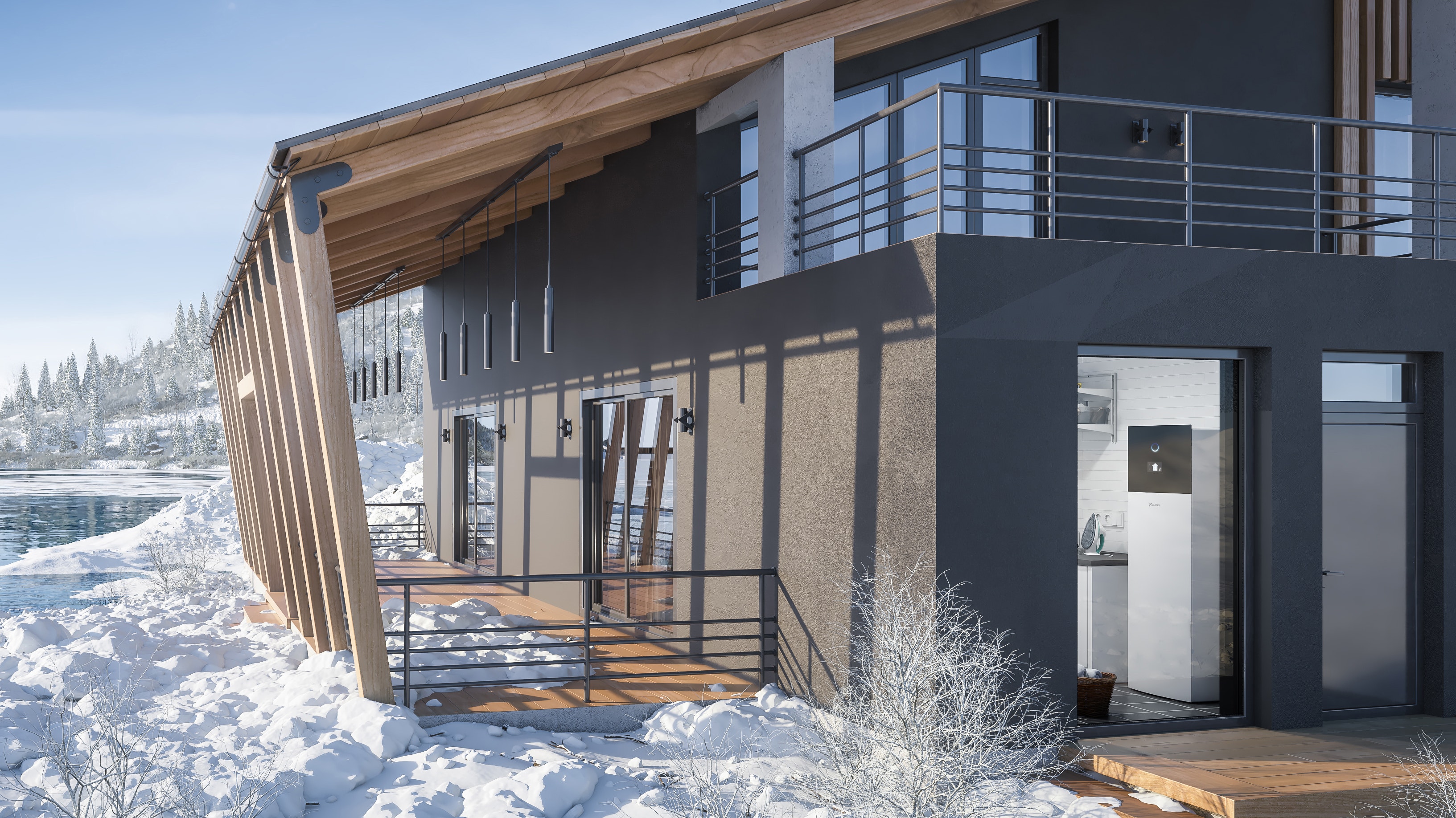 Modern house in snow landscape is perfectly heated by Daikin